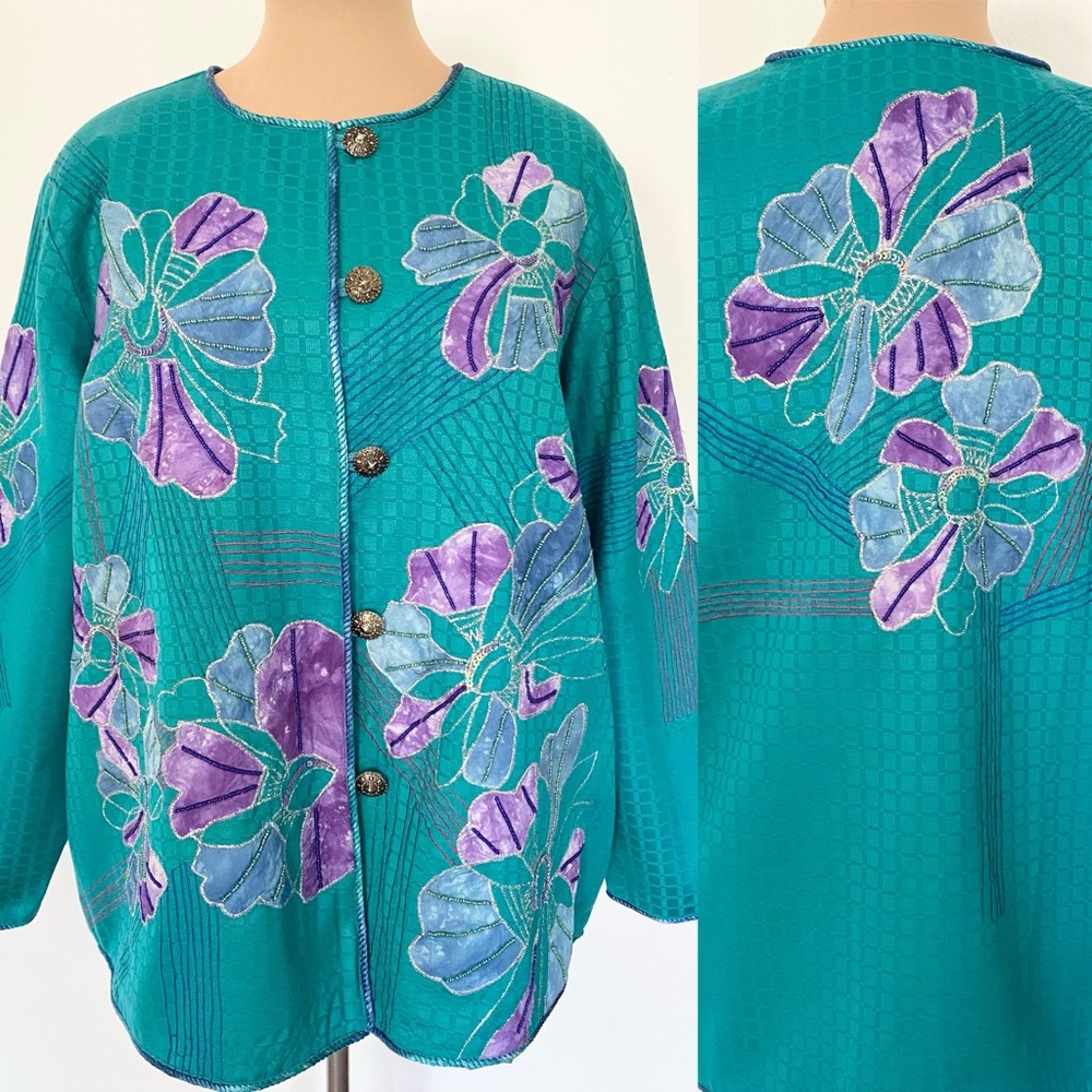NWT! Vintage 90s Embroidered Jacket *1X* INDIGO MOON Teal Purple Embellished